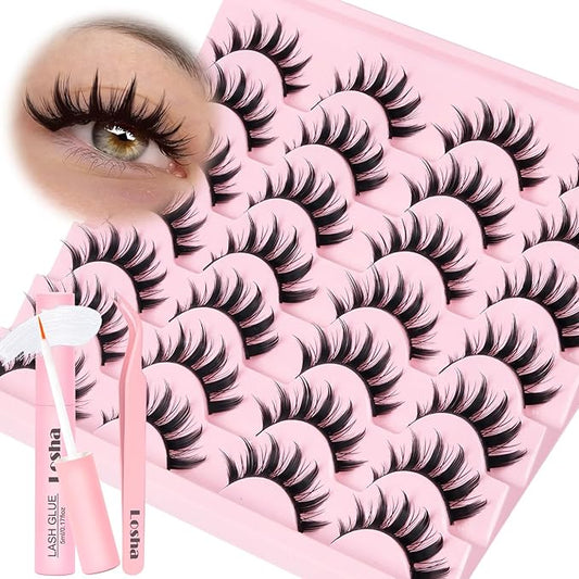 Losha Lashes Spiky Manga Lashes 14 Pairs Anime False Eyelashes 8D Wispy Eye Lashes Kit with Lash Glue and Lash Tweezers Natural Soft Fake Eyelashes (Cutes)