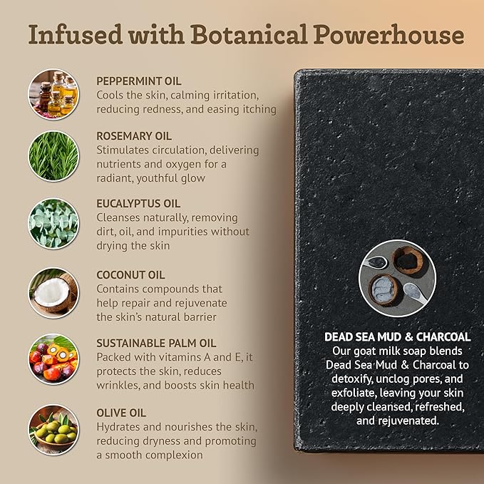 Southern Natural Activated Charcoal Soap Bar (3 Pack) Face and Body Soap For Sensitive Skin With Dead Sea Mud, Goat Milk & Peppermint Essential Oil