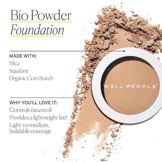 Well People Bio Powder Foundation, Lightweight & Hydrating Foundation For Perfecting & Smoothing Skin, Semi-Matte Finish, Vegan & Cruelty-free, 9W