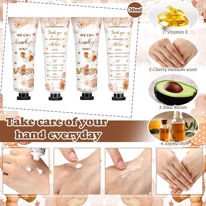 50 Sets 200 Pcs Baby Shower Hand Lotion and Lip Balm Gift Theme Baby Shower Party Favors Travel Size Hand Lotion and Lip Balm Bulk with Organza Bags Tags(Bear)