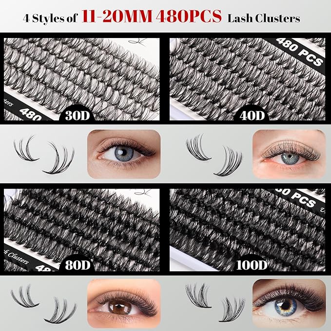 Lash Clusters 480 Clusters 60D 80D Thick Eyelash Extension 30D 40D Individual Eyelashes D Curl 11-20mm False Eyelash Multi-Style DIY Lash Extensions for Beginners(30D-80D-D, 11-20MIX)