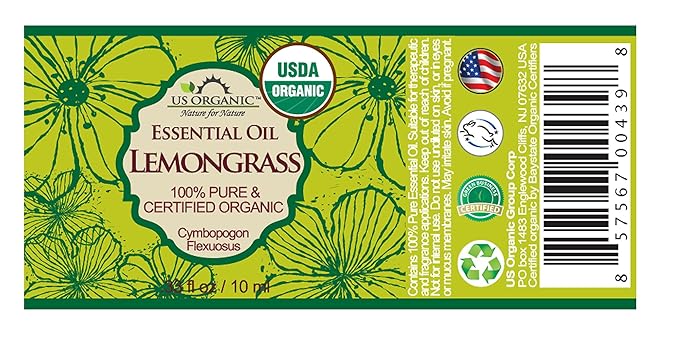 US Organic 100% Pure Lemongrass Essential Oil, USDA Certified Organic, Undiluted, Therapeutic Grade, Steam Distilled, for Aromatherapy, Freshening, and DIY Personal Care (10ml, Pack of 2)