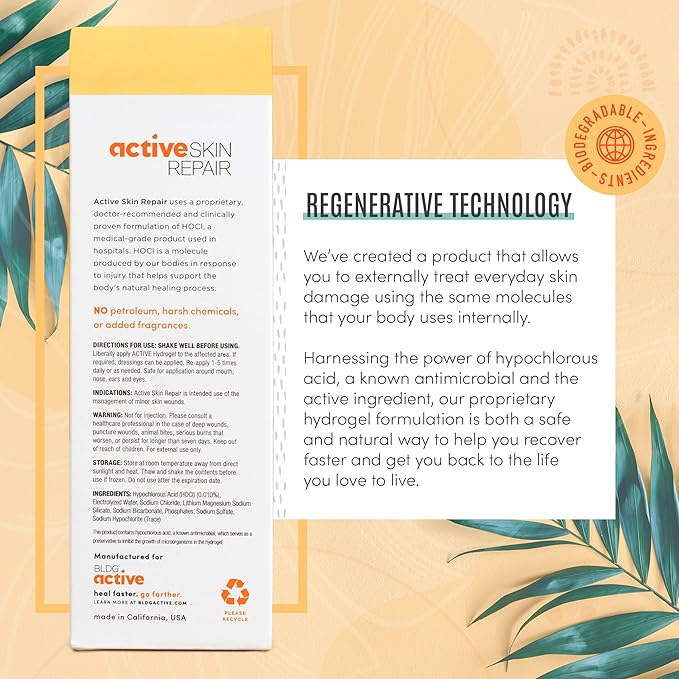 Active Skin Repair First Aid Healing Skin Hydrogel - Natural & Non-Toxic Repairing Ointment with Hypochlorus Acid for Minor Cuts, Wounds, Scrapes, Rashes, Sunburns, & More, 3 oz