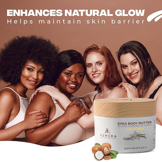 AZMERA Handcrafted Whipped Shea Body Butter – Luxurious Vanilla Bean Scented Moisturizer for Dry, Sensitive Skin, Argan Oil & Vitamin E – Vegan, Non-Greasy Skincare – 8.82 oz