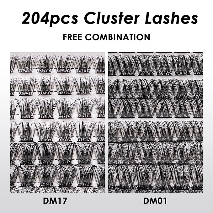 Lash Clusters 204 Pcs Individual Lashes Clusters Eyelash Extensions False Eyelashes DIY Lash Extension Kit Reusable False Eyelashes Natural Look Mix 10-16mm C D Curl(DM01+DM17)