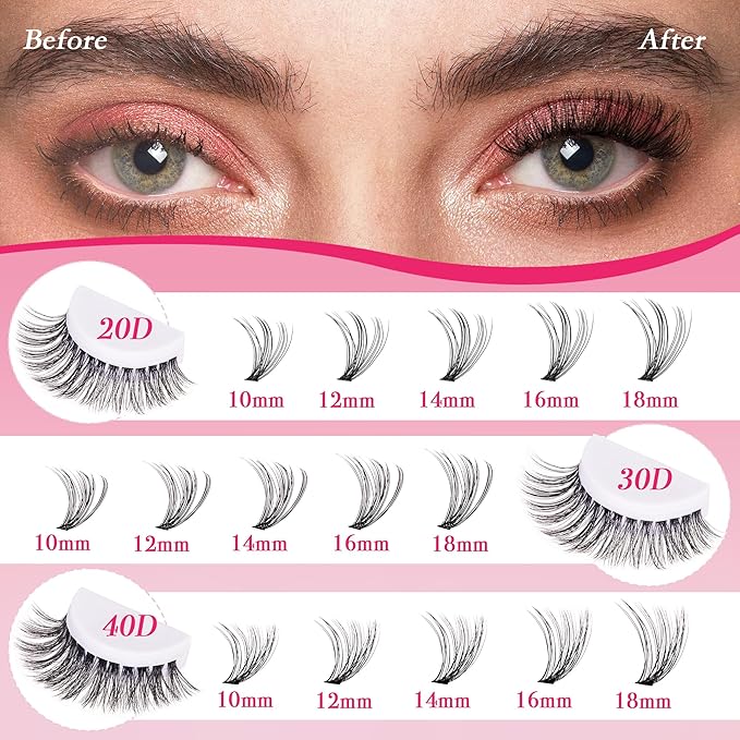 Lash Clusters 600PCS - Eyelash Clusters 20D+30D+40D+50D+60D+80D Wispy Individual Lashes D Curl Lash Extension 10-18MM Natural Lash Clusters DIY Cluster Eyelash Extensions for Beginners