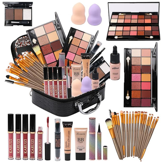 All in One Makeup Kit for Makeup storage bag 2X14 Colors Eyeshadow Palette Liquid Foundation Eyeliner Pencils Contouring Stick Lip Gloss Eyebrow Pencils 20Pcs Makeup Brushes etc For Women Girls Teens (Black)