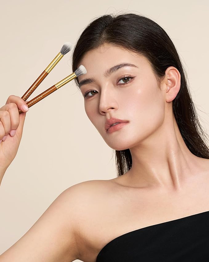 Desert Oak Series Dual Wool Blush Brush - Flat Top Goat Hair for Diffused Powder & Cream Blush, Seamless Blending, Bubinga Handle (CM 188)