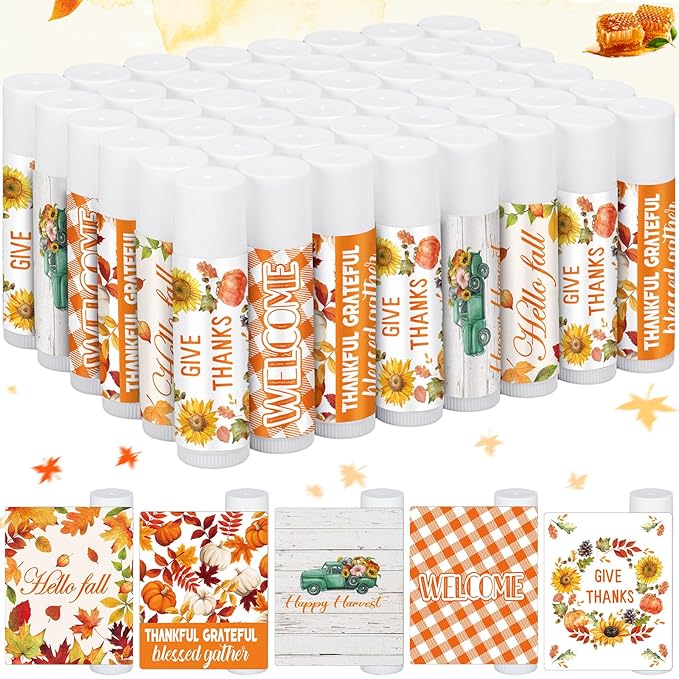 50 Pack Hello Fall Thanksgiving Party Gifts Favors Bulk Lip Balms Gifts Small Thank You Appreciation Gifts Thanksgiving Christmas Stuffers for Women Men Staff Coworkers