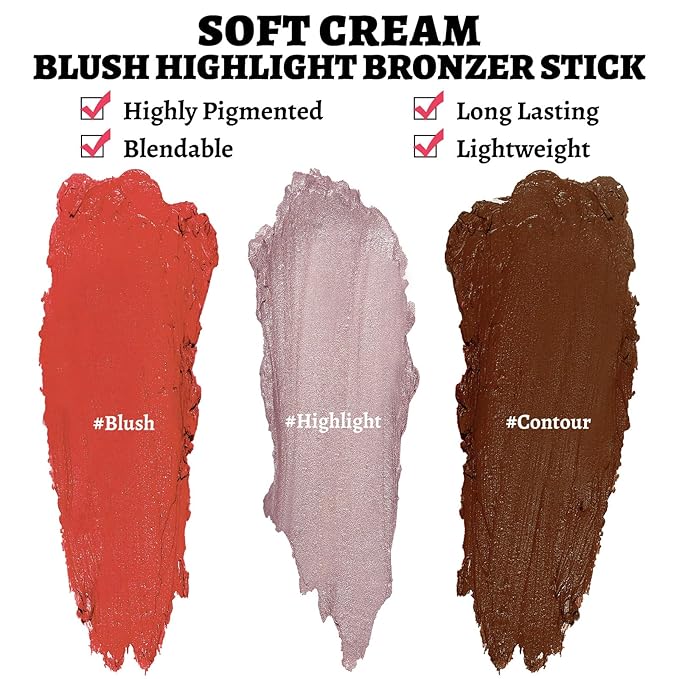 3Pcs Multi-Use Face Makeup Sticks Sets, Blendable Cream Blush Stick For Cheeks Lips, Highlighter Contour Shading Sticks Moisturizer Make Up Sets For Women (02)