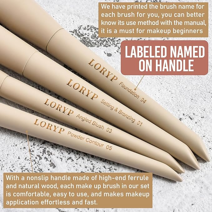 LORYP 18 Piece Makeup Brushes Set Labeled Face and Eye Brush Set Complete with Foundation, Concealer, Contour, Blending, Blush, Eyeshadow Brushes with Travel Holder Case