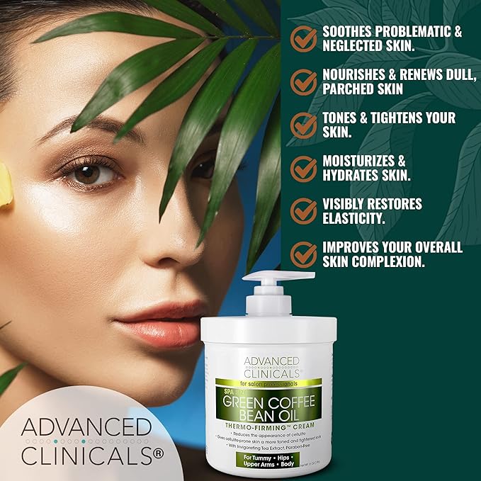 Advanced Clinicals Thermo Firming Green Coffee Bean Moisturizer Body Cream | Anti Cellulite Caffeine Firming Lotion For Legs, Arms, & Body | Skin Care Products | Aging Skin Tightening Cream, 2-Pack