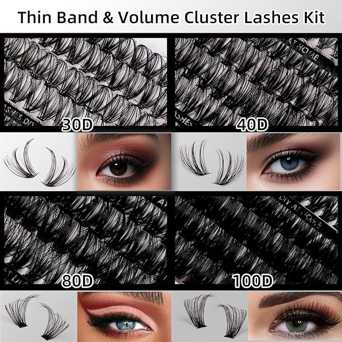 Lash Clusters 320pcs Lash Extension Kit 30D 40D 80D 100D Individual Lashes Kit 12-20mm Eyelash Extension Kit with Lash Bond&Seal,Lash Remover and Lash Tweezers for Easy Use(30/40/80/100D-0.07D Kit))
