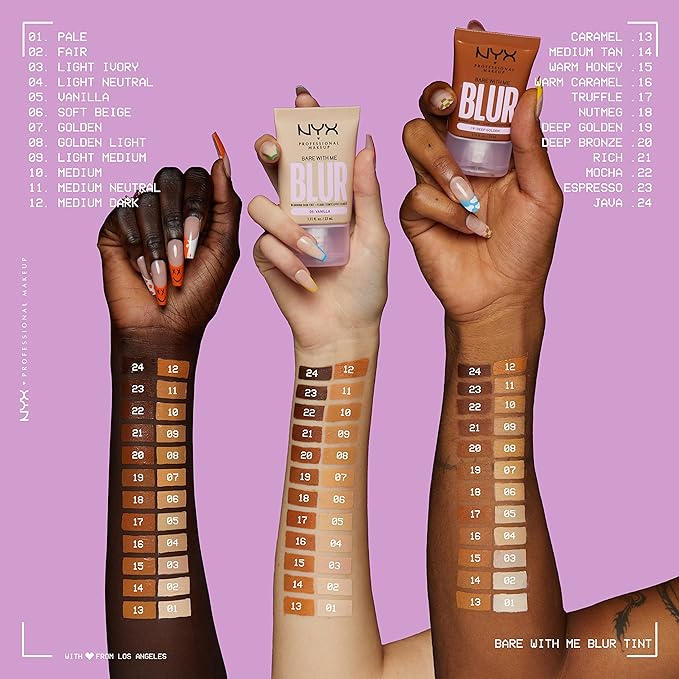 NYX PROFESSIONAL MAKEUP Bare With Me Blur Skin Tint Foundation Make Up with Matcha, Glycerin & Niacinamide - Medium Tan