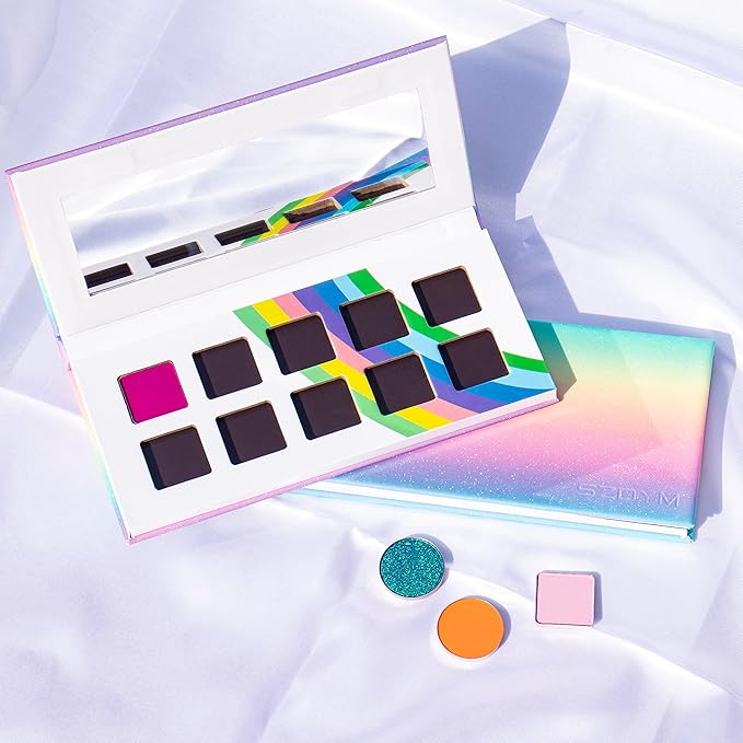 2PCS PU leather pastel sparkle empty magnetic palette with 10Pcs 26mm Round Metal Pans and 10Pcs 23mm square Metal Pans,DIY Eye Shadow makeup palette,elastic, flexible and lubricated, waterproof and easy to clean (Suit-1)