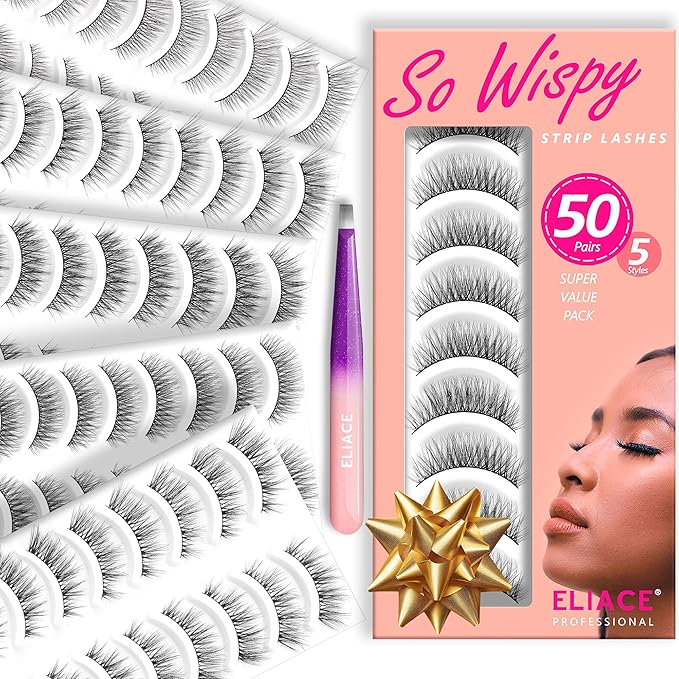 Eliace Luxurious 50 Pairs 5 Styles Cat Eye Lashes Wispy False Eyelashes Natural look 3D Mink Lashes Fake Eyelashes Kit, Thin Soft Band Comfortable Fluffy Volume Cross Strip Lash, with Lash Tweezers