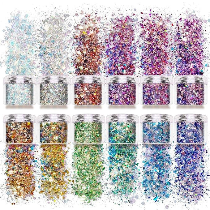 Allstarry 12 Colors Chunky Glitter Holographic Craft Glitter Cosmetic Nail Art Sequins Mixed Fine Glitter Flakes for Nails Art Decoration Hair Eyes Face Body, Resin Tumblers, Epoxy, Slime