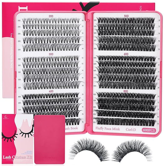 Lash Clusters 600PCS - Eyelash Clusters 20D+30D+40D+50D+60D+80D Wispy Individual Lashes D Curl Lash Extension 10-18MM Natural Lash Clusters DIY Cluster Eyelash Extensions for Beginners