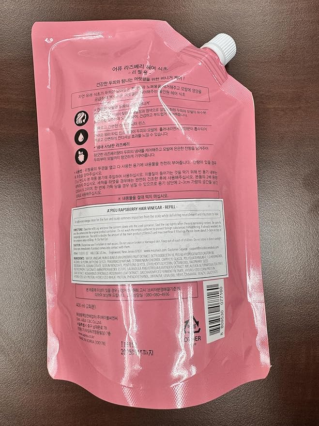 A'PIEU Raspberry Hair Vinegar Rinse Refill 13.6 fl oz - Scalp Treatment for Balanced pH, Shiny Hair | Korean Hair Care I Clarifies & Encourages Growth | Dandruff & Oil Control