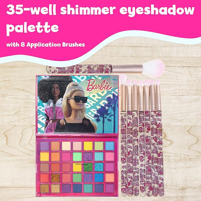 Barbie - Townley Girl 35-Well Eyeshadow Palette, Shimmery and Opaque Colors, Pigmented Blendable, 8 Application Brushes Non-Toxic 8+, Perfect for Parties, Sleepovers & Makeovers