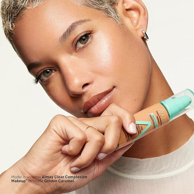 Almay Clear Complexion Acne Foundation Makeup with Salicylic Acid - Lightweight, Medium Coverage, Hypoallergenic, Fragrance-Free, for Sensitive Skin, 600 Sun Beige, 1 fl oz.