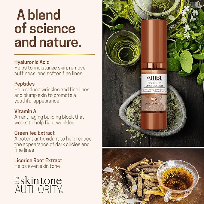 Ambi Even & Clear Under Eye Serum for All Skin Types Anti Aging Formula Features Peptides, Hyaluronic Acid, and Vitamin A to Help Reduce Fine Lines, Wrinkles, and Dark Circles , 0.5 Ounce